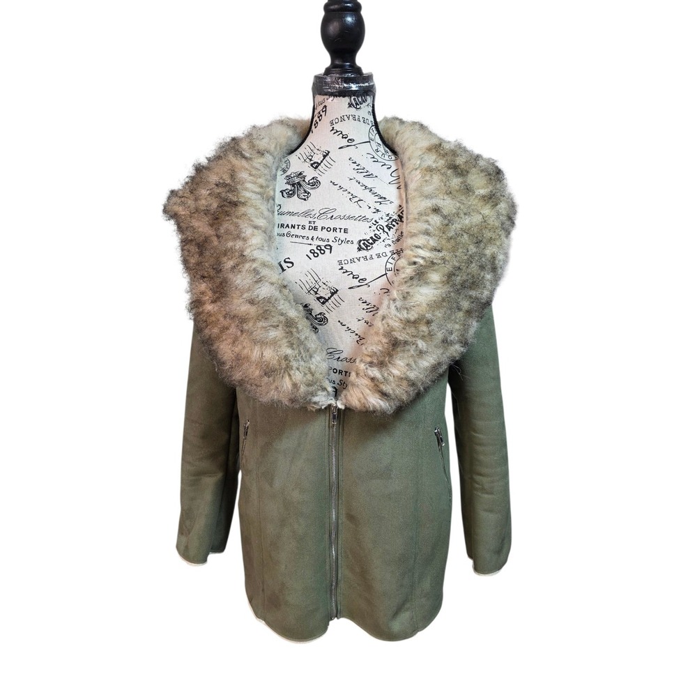 Donna Salyers Fabulous Furs Olive Green Faux Suede  Shearling Coat M Retro